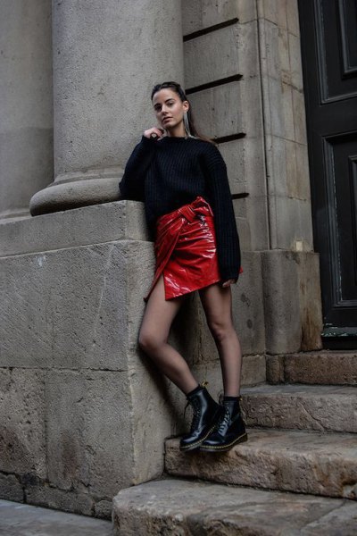 black chunky knitted sweater red leather wrap skirt