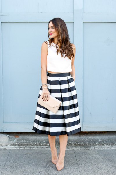 white sleeveless crop top black and white striped midi skirt