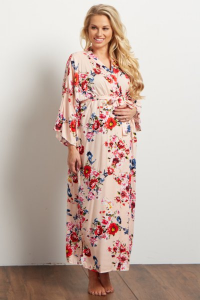 blush pink and red maxi flowers printed robe