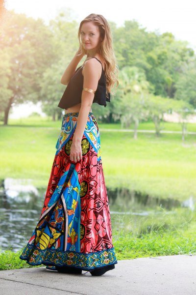 black short tank top with blue printed gypsy skirt
