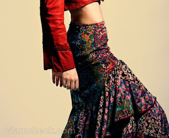 red short cut long sleeve blouse with black gypsy maxi skirt