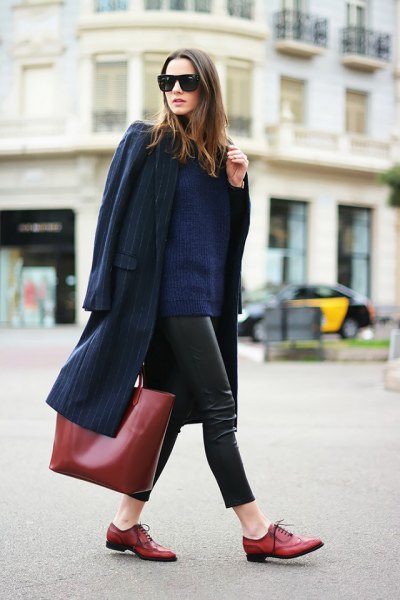 Dark blue wool coat with leather leggings and brown leather shoes
