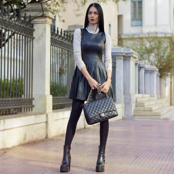 black leather tank fit and flare mini leather pleated skirt and boots