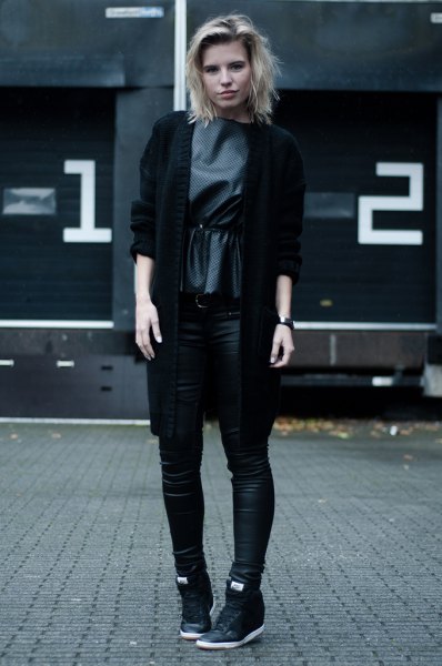 black blazer with gray silk blouse and high leather sneakers