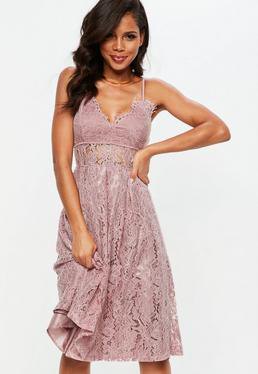 pink lace with deep v-neck and flared midi dress