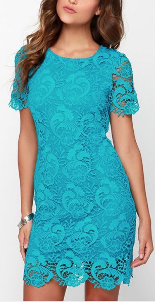 Short sleeve mini bodycon aqua blue lace dress
