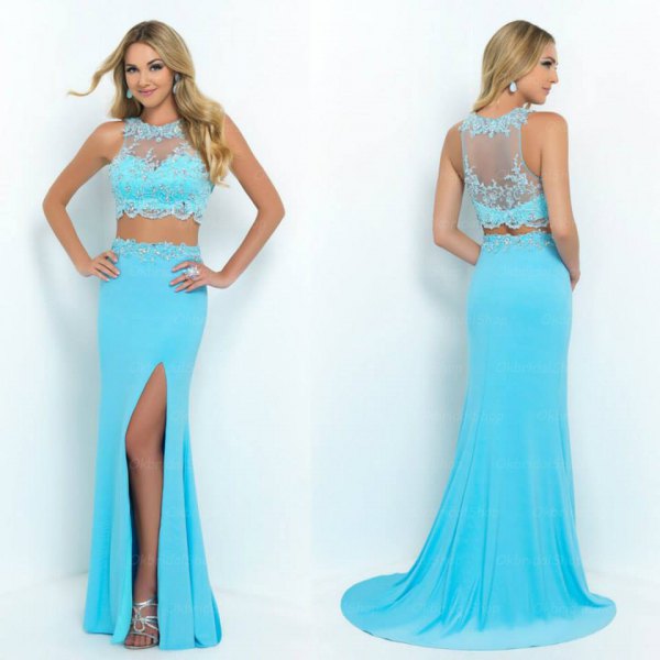 light blue two-piece floor-length flowing dress with high slit