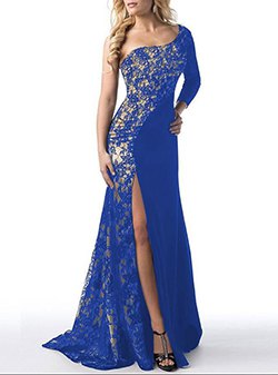 one shoulder royal blue and silver sequin dress with high slit