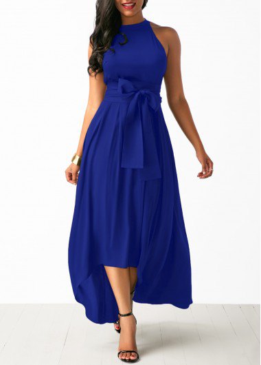 Maxi dress with halter fit and flared maxi tie waistband and open toe heels