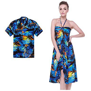 blue and yellow Hawaiian-style mini dress with floral pattern