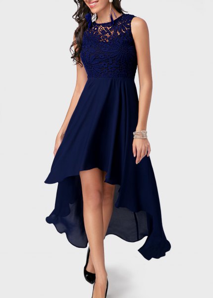 Dark blue high low maxi dress with silver sequin bracelet