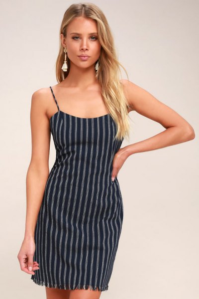 dark blue and white vertical striped short slip dress