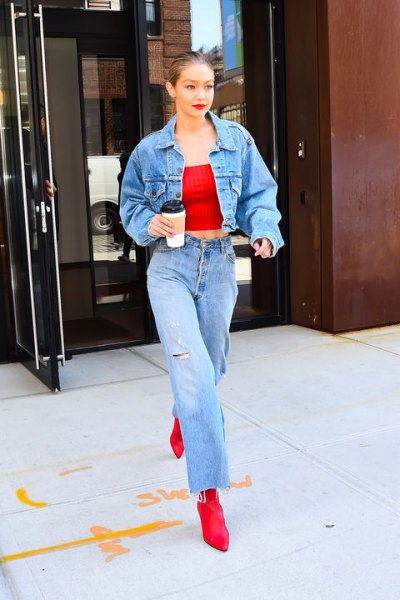 Light blue, short-cut jeans motorcycle jacket with red crop top