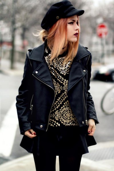 black leather jacket with mini rat skirt and leggings