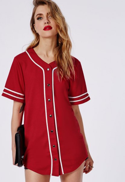 Red Button Up tunic baseball jersey shirt with black mini shorts