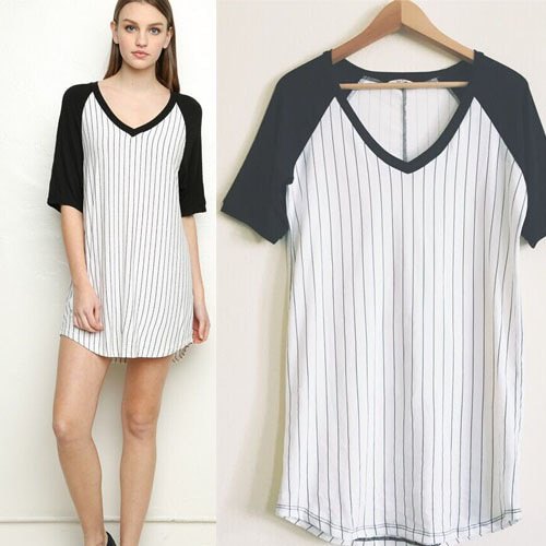 white and black striped baseball-style shirt dress with V-neck