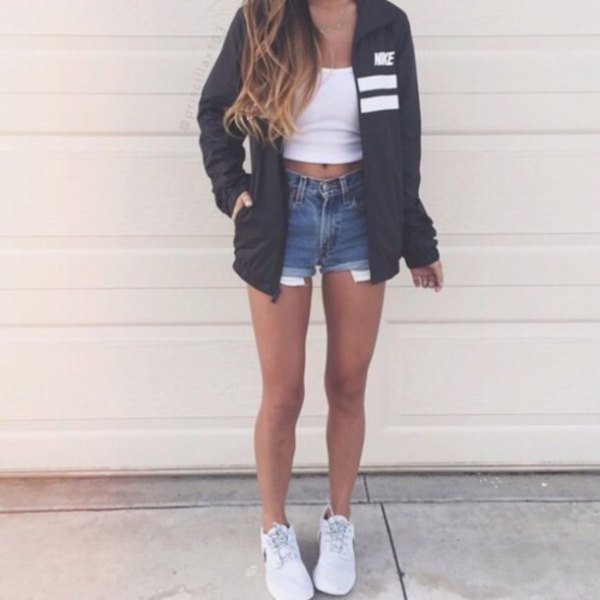 white crop top with denim mini shorts and sneakers