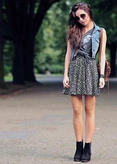 blue denim vest with gray printed t-shirt and dotted skirt