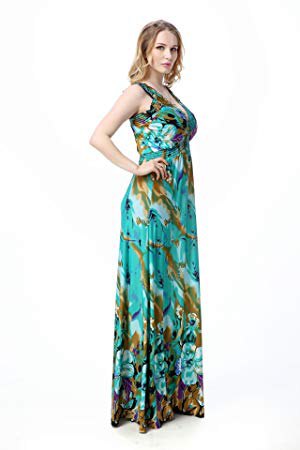 flowing floor-length silk dress with green and pink floral print