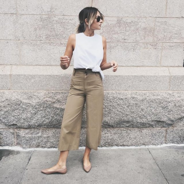 white tank top with cropped trousers with wide legs