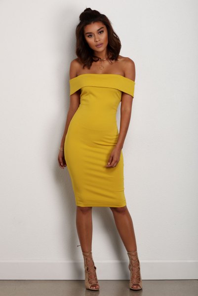 off shoulder yellow midi dress with light pink strappy sandals