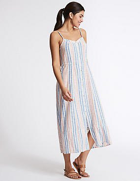 blue white and pink vertical striped midi dress with sandals