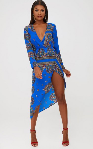 blue and black tribal printed ruched waist midi high split dress