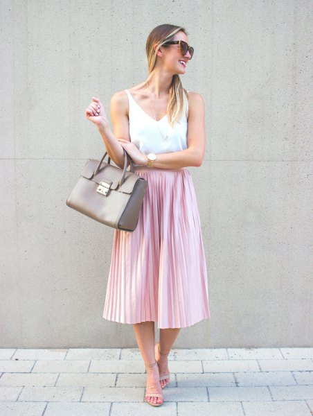 white v-neck tank with pink silk pleated midi skirt