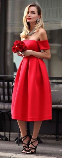 strapless red midi dress with black strappy heels