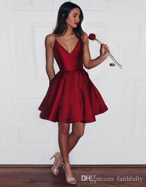 red silk with a deep v-neck and flared mini dress with pink heels