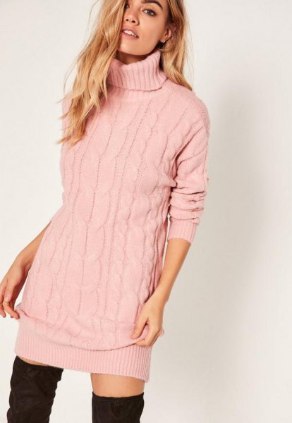 Light pink knit sweater with turtleneck and over the knee boots