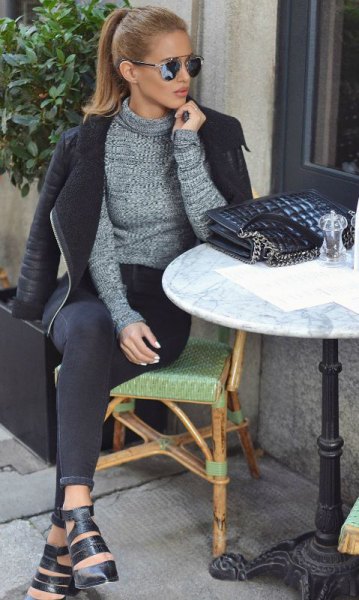 heather gray sweater with black leather jacket and skinny jeans