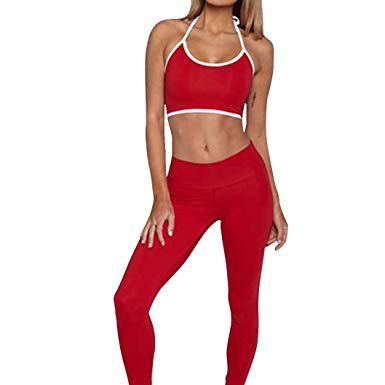 red short halter top with matching training tights