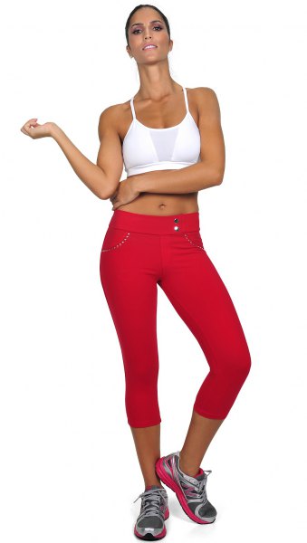 white short tank top with red training gaiters