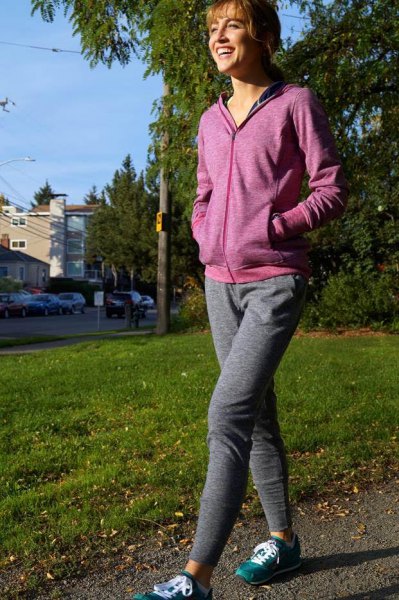 gray hoodie with matching running trousers with a relaxed fit