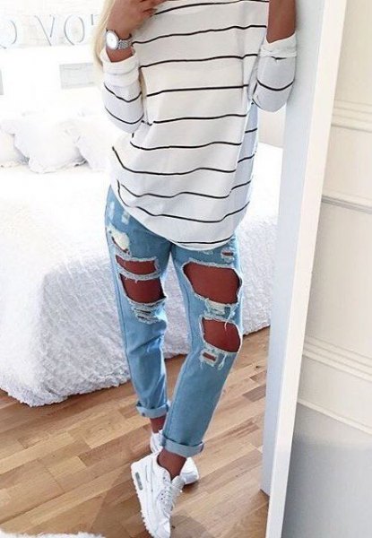 white-black striped long-sleeved T-shirt with super torn light blue jeans