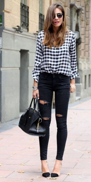 black and white checked shirt with torn skinny jeans