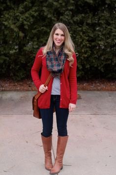 long red cardigan with gray and dark blue checked scarf and knee-high brown boots