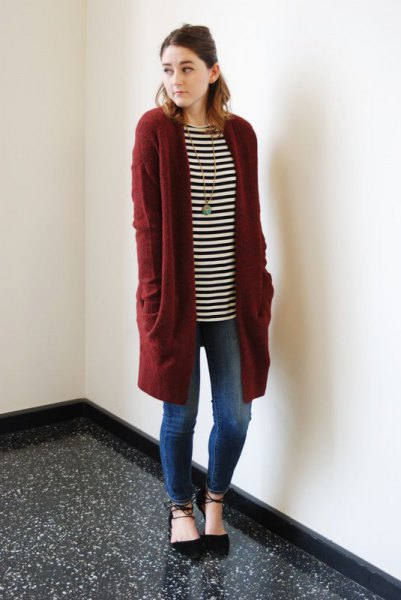 black and white striped long-sleeved tunic T-shirt with longline cardigan