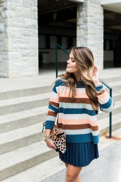 royal blue green and pink striped sweater with pleated mini skirt