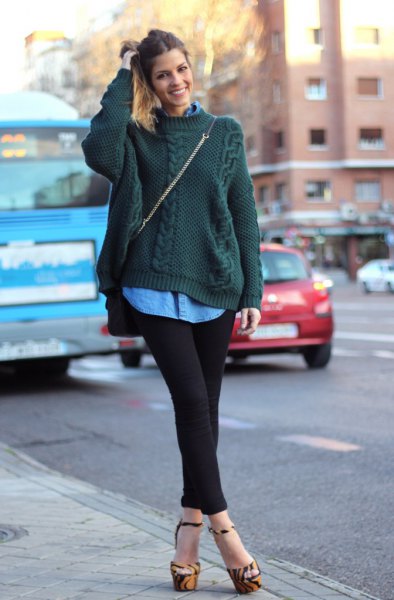 dark green cable knit sweater with blue chambray shirt with buttons