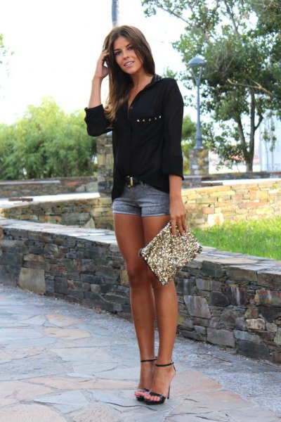 black chiffon shirt with relaxed fit and sequin clutch