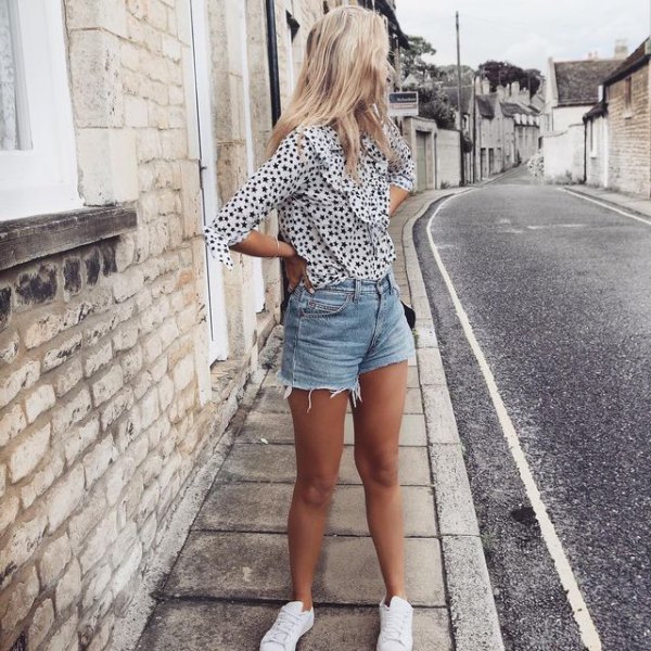 black and white chiffon shirt with leopard print and denim shorts
