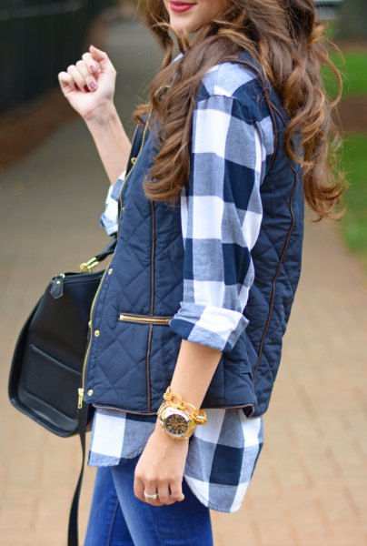 Navy and white flannel shirt with dark blue quilted vest