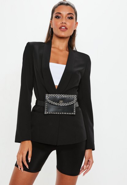 black blazer with narrow shorts and white crop top