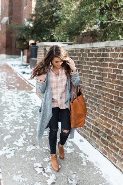 pink and white checked shirt with gray longline cardigan and torn jeans