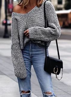 a shoulder-gray, chunky sweater with boyfriend jeans