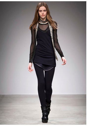 black semi-transparent chiffon blouse with mini dress and leggings