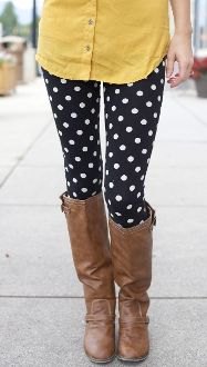 light green shirt with buttons and cute leggings with polka dots