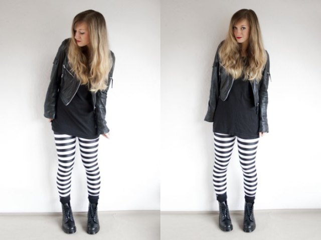Tunic t-shirt with leather jacket and horizontally striped black and white leggings